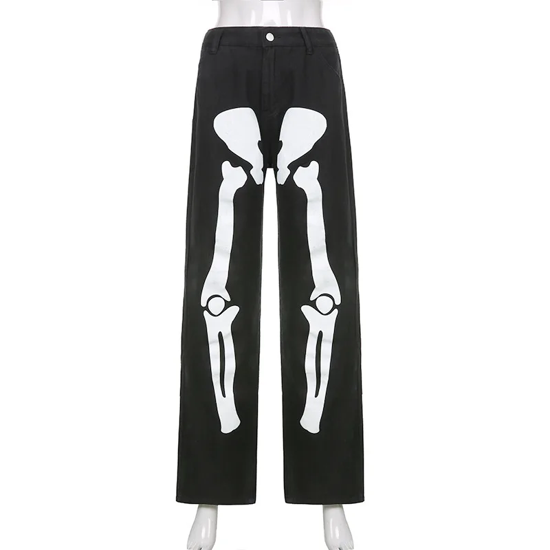 Feminino Jeans Dewadbow Cyber Y2k Calças Goth Outdoa 2021 Padrão Esqueleto  Baixo Ascensão Folgágio Femme Streetwear Mulheres Negra Denim Jean Calças  De $155,3