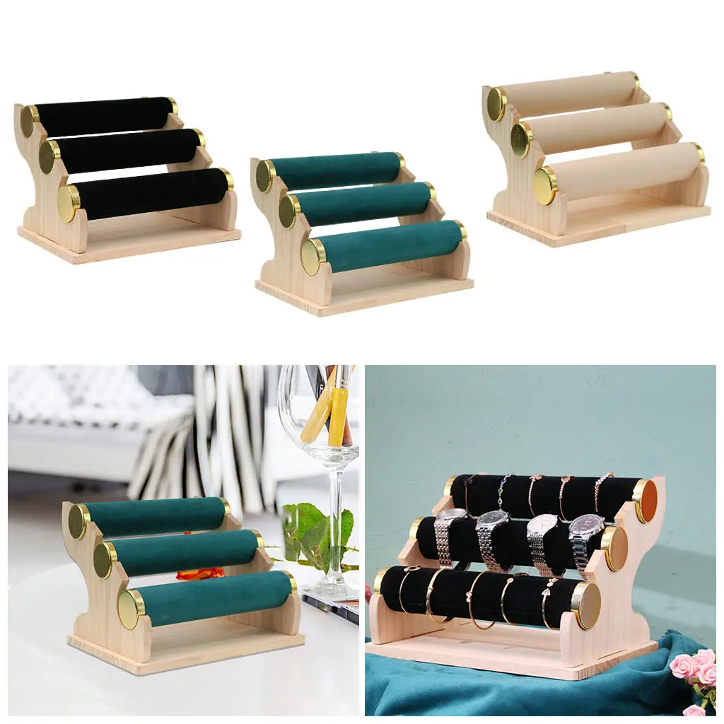 3-Bars Velvet Bracelet Holder for Watch, Necklace, Jewelry Display Rack and Bangle Organizer Stand