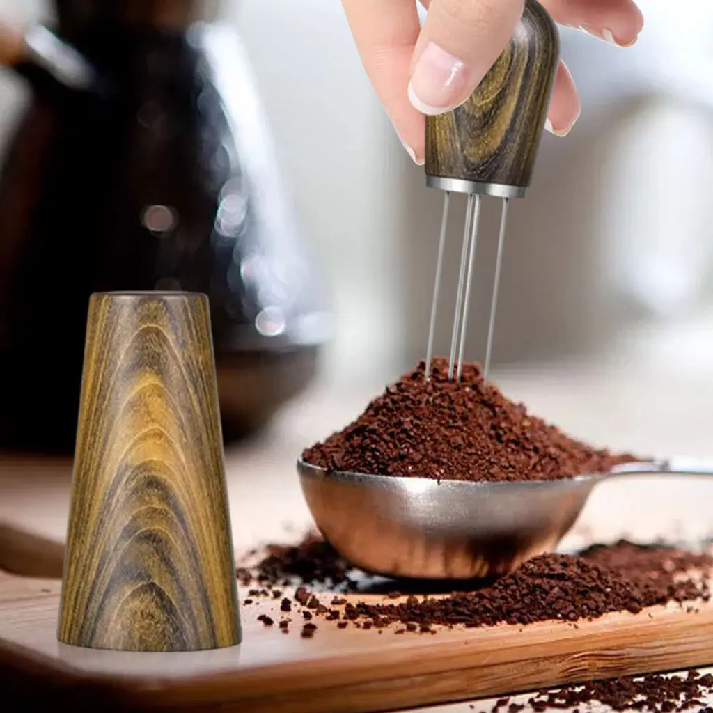 1pc Coffee Needle Distributor Tool Wood Handle w/ Holder 4-Pin Professional Powder Distribution