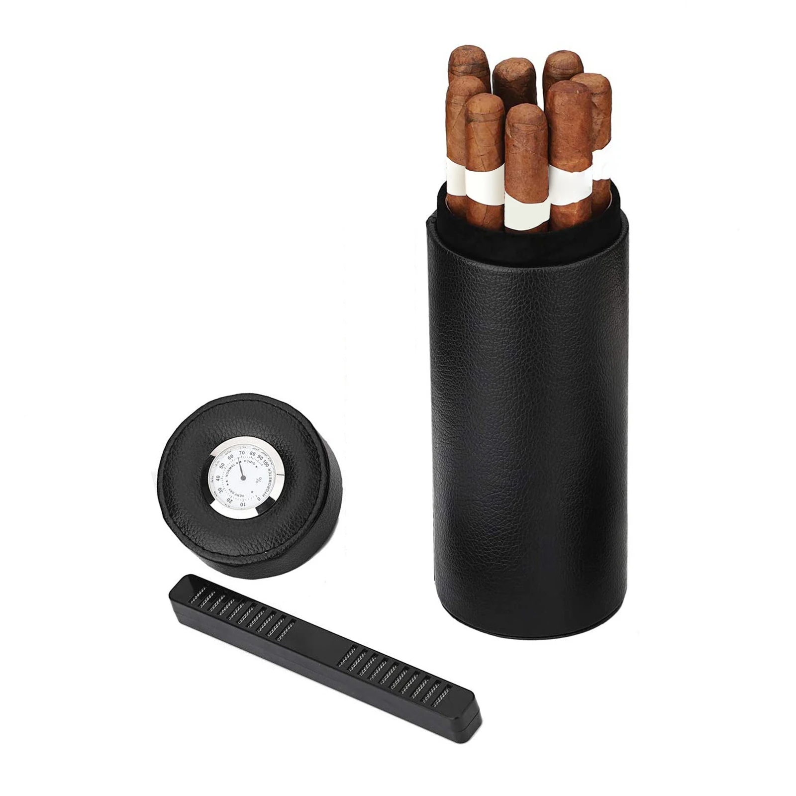Leather Cigar Case Black Portable Travel Cigar Humidor Waterproof 5-8 Tubes Holder Humidifier Storage Carrying Case