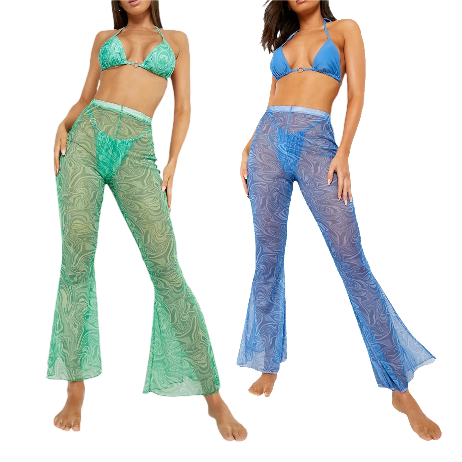 summer beach maxi dresses Sexy Women See-through Beach Pants Cover Ups Flared Printing Mujer See Through High-waisted Belly Loose Long Trousers Swimsuit summer beach maxi dresses