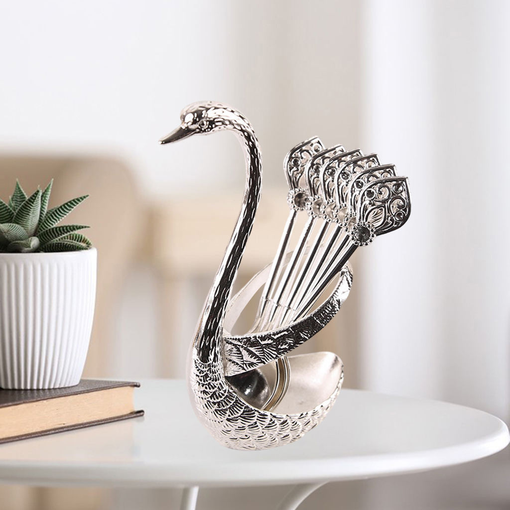 Stainless Steel Creative Dinnerware Set Decorative Swan Base Holder with 6 Spoons for Coffee Fruit Dessert Stirring Mixing