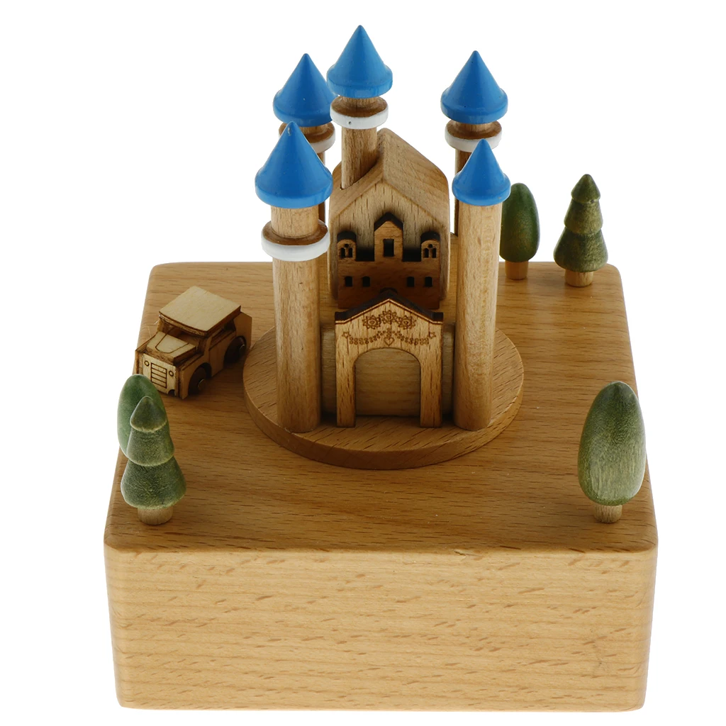 Blue Castle - Wooden Musical Box Classical Melody, with a Small Moving Car, Gift for Kids Family and Friends