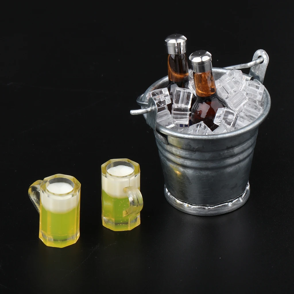 1/12 Scale Ice Bucket with Beer Bottles Mugs Set Kitchen Drinks for Dollhouse Life Scenes Decor, Kids Pretend Play Toy