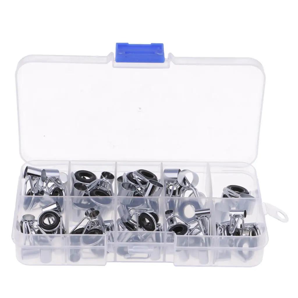 45pcs Fishing Rod Pole Guides Tips Top Eye Rings Replacement Repair with Box 