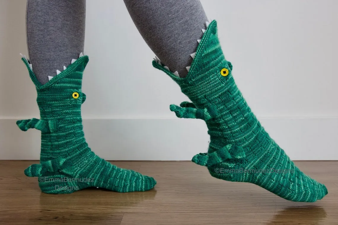 Calcetines de cocodrilo de punto de dibujos animados en 3D calcetines de animales de punto caprichosos calcetines de piso de tiburón cocodrilo calcetines de punto de cocodrilo con patrón de animales 