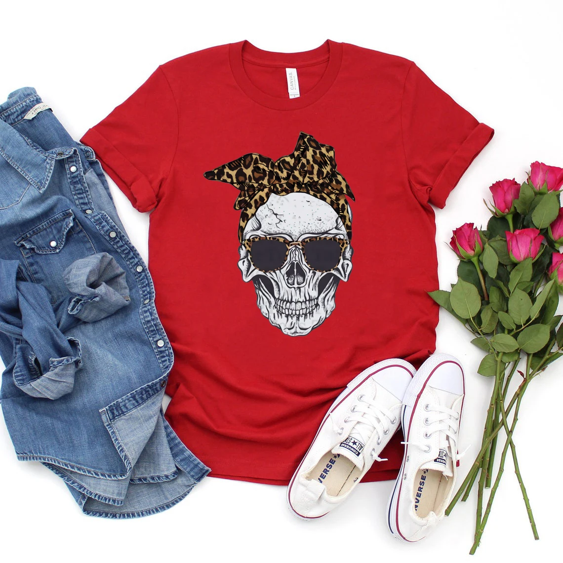 Camiseta Para Mujer Skull Bufanda De Sol Gafas De Sol Camisa Halloween ...
