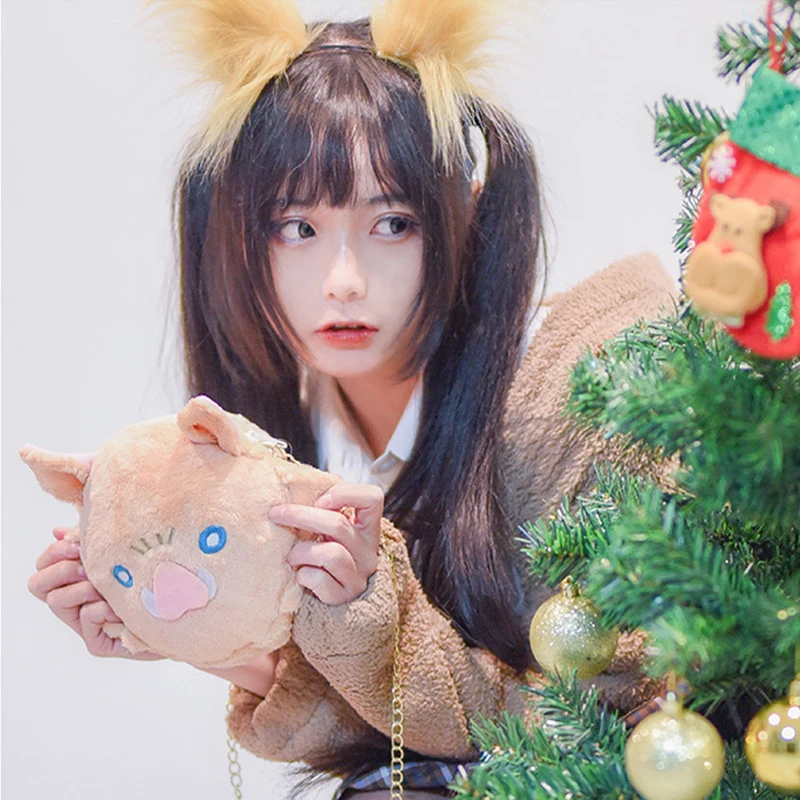 anime cosplay Anime Demon Slayer Kimetsu No Yaiba Hashibira Inosuke Cosplay Plush Satchel Chain Bag Inoko Haversack Christmas Kids Girl Gift ladies halloween costumes