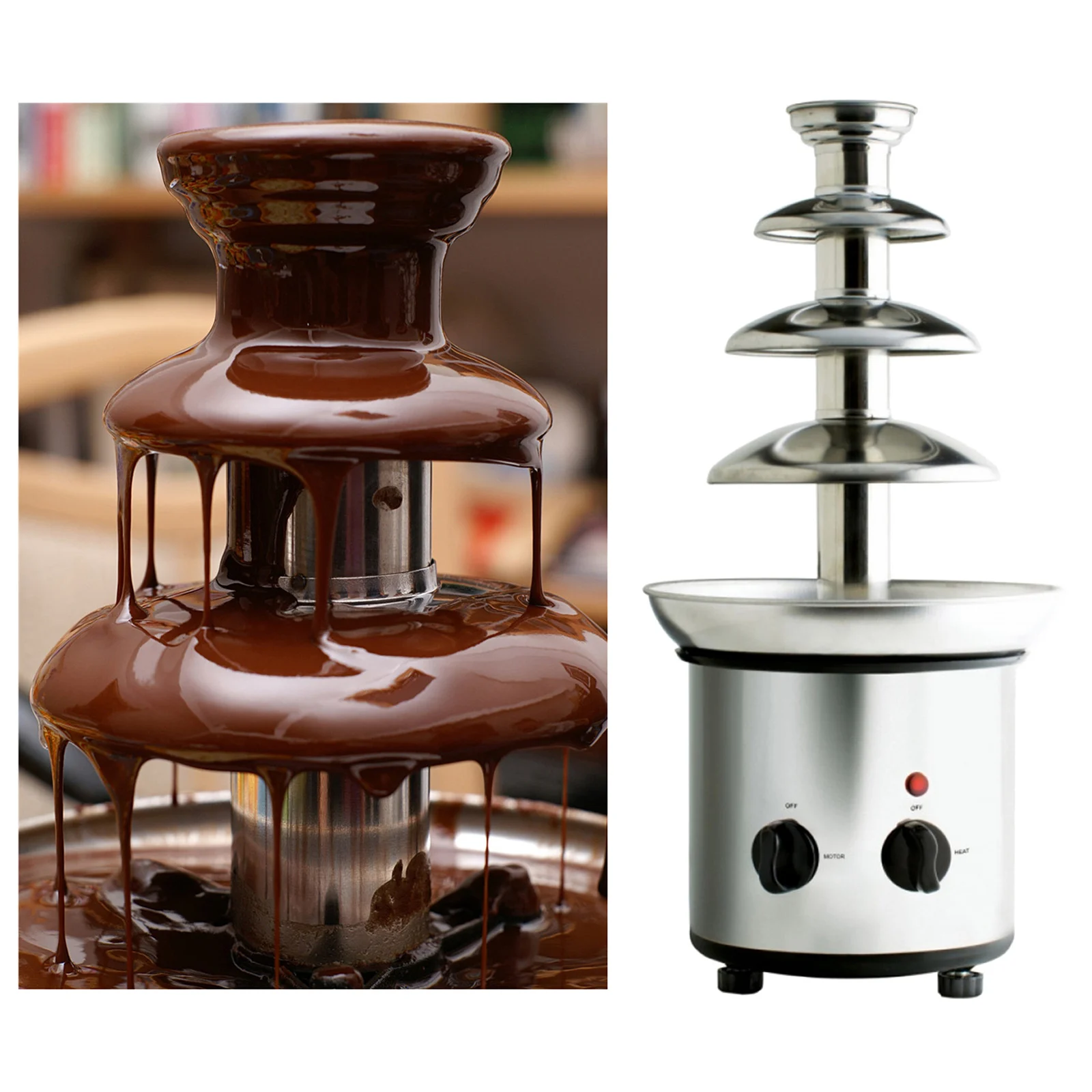 Stainless Steel 4 Tiers Chocolate Fondue Fountain for Cheese BBQ Sauce Ranch US Plug 110V