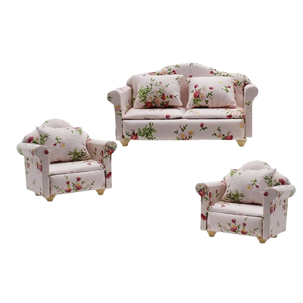 Miniature Dollhouse Furniture Striped/Floral Sofa Couch with Cushions for Dolls House