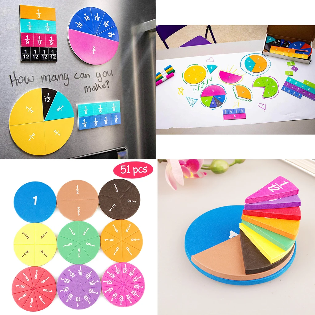 51 Pieces Circular Fractions Tiles Counting Toys Children Number Teaching