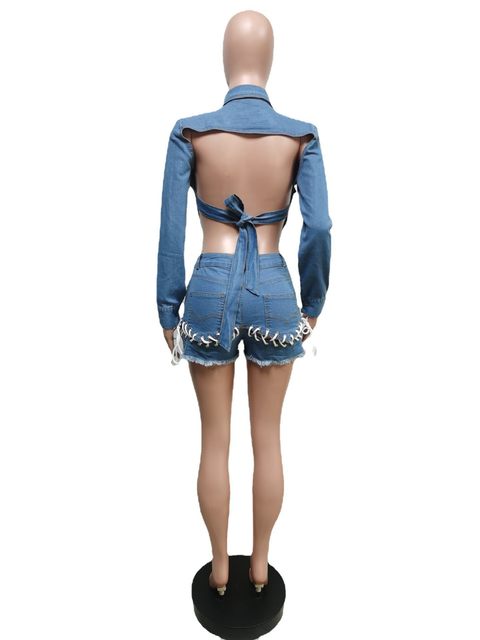 Tassel Jeans Shorts 2 Piece Sets Women Lace Up Bra Tops and Hot Short Pants  Summer Denim Suit Backless Streetwear Sexy Outfits