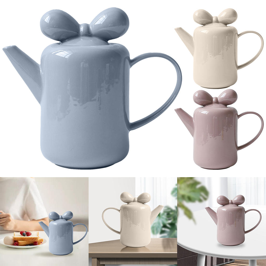 Ceramic Tea Pot, Gift Bow Knot Design Accessory Candy-Colored Porcelain Tea Kettle Holder for Kitchen Home Afternoon Tea Women