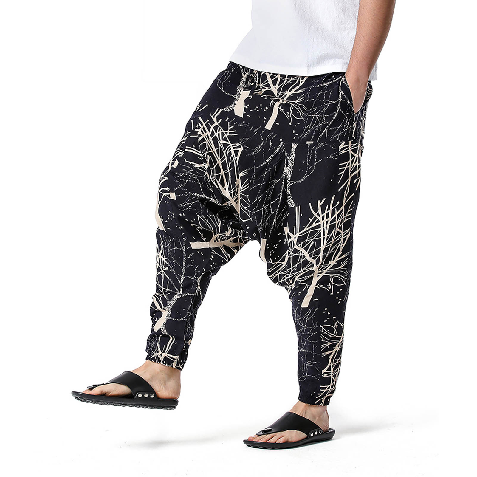 Vintage Men Pants Harem Elastic Casual 