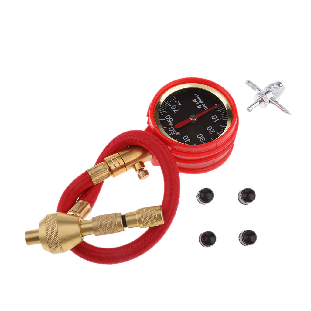 Red Mechanical Pointer Tire Pressure Gauge Tyre Deflator Kit with 4 Valve  for Automobile Cars Trucks Tire Repair Tools