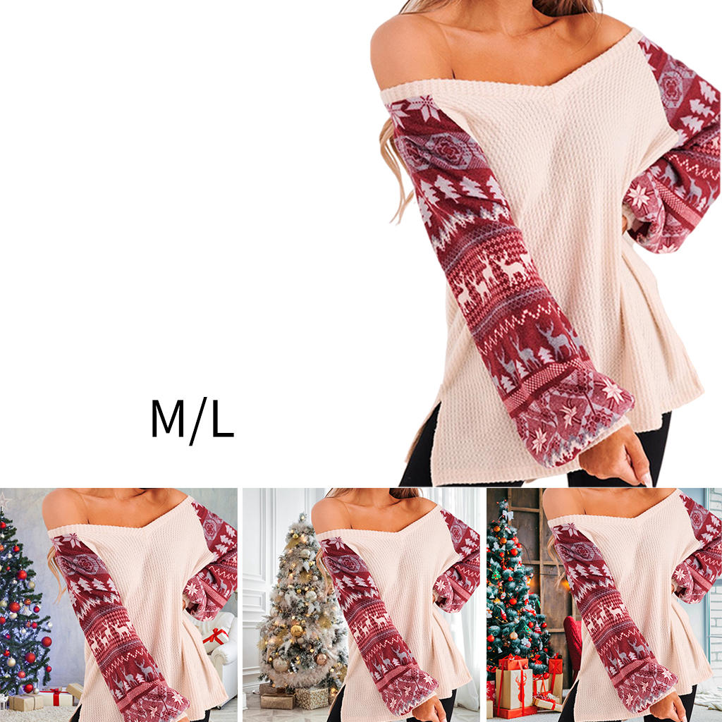 V -neck Christmas Women Sweater Pullover Sweatshirt Santa Clothes for Holiday Ladies