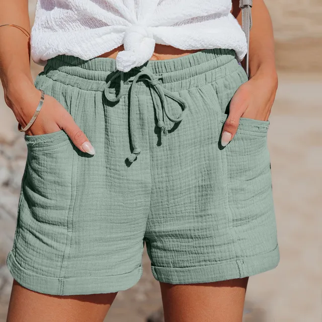 Pantalones cortos deportivos de lino de algodón para mujer, sueltos,  rectos, casuales, de verano, color liso, con cordón, para mujer, (color  verde