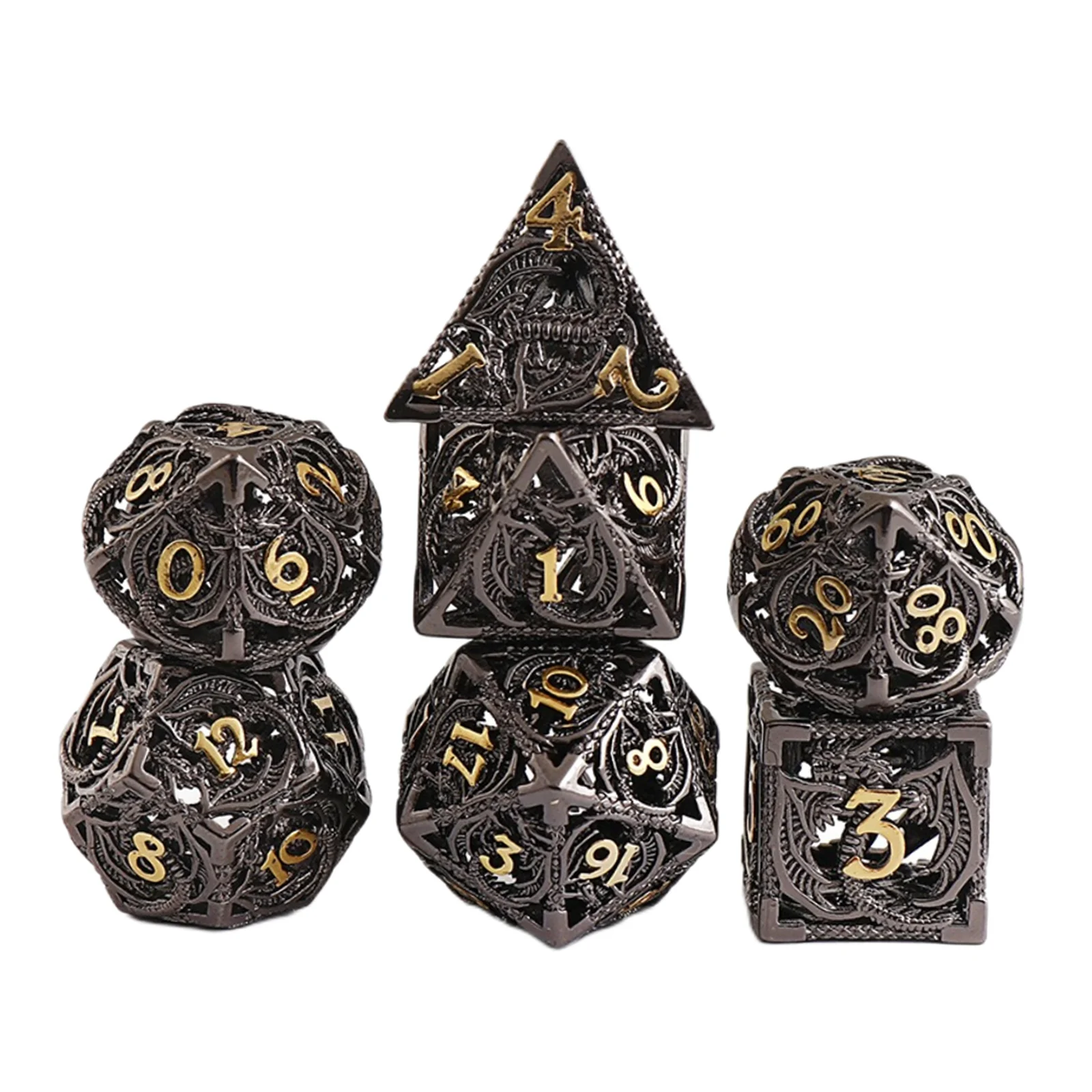 7Pcs Metal DND Dice Set Dragon Pattern Shape Hollow-carved Design D&D Polyhedral Dice with Carry Case Role Playing Game PRG