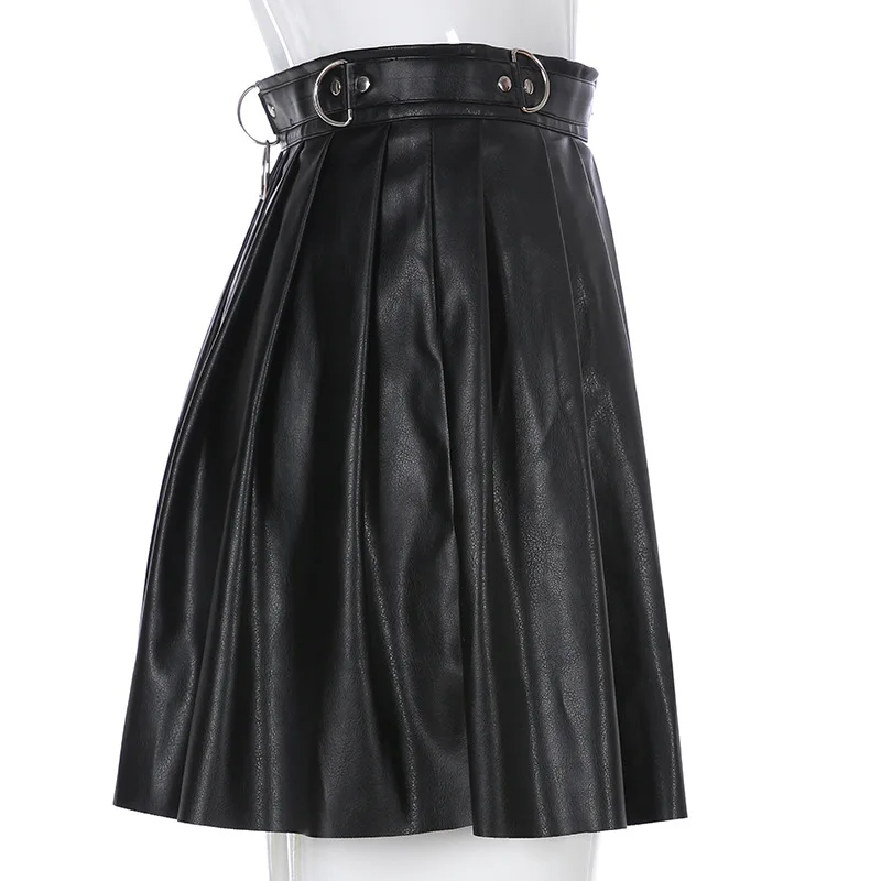Punk Style Black Pu Leather Pleated Skirt Harajuku Zip Up High Waist Mini Skirt E-girl Gothic Grunge Emo Alt Clothes Women
