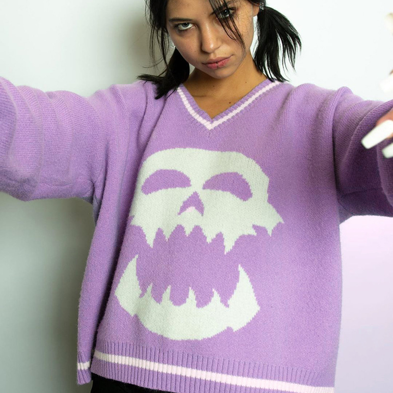 Harajuku Crânios Impressão Pescoço Oversized Camisola Feminina Outono Casual Malha Jumper Senhoras Solto Roxo Y2k Pulôver Feminino v 2 Moda Feminina