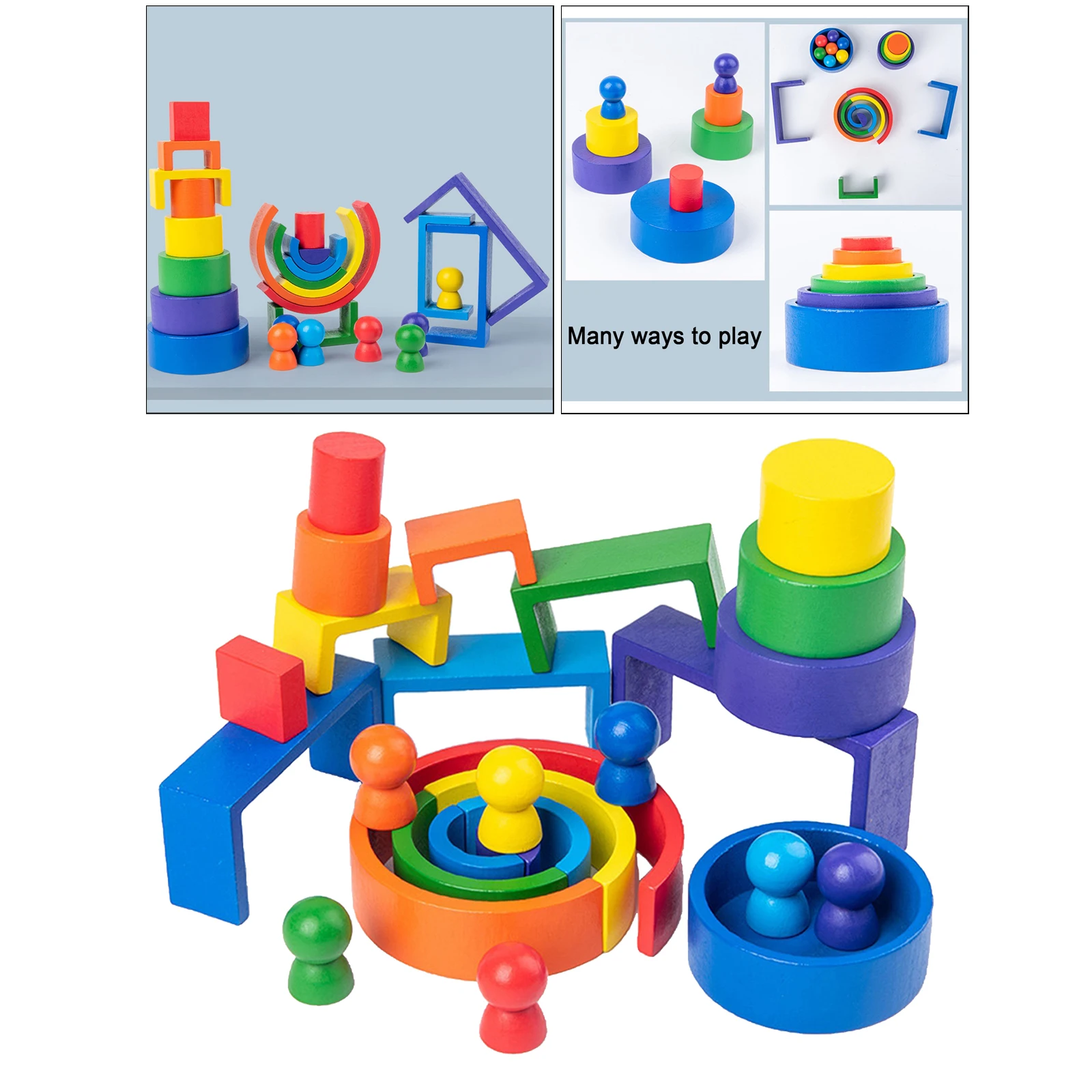 Color Shape Educational Puzzle of Rainbow Building Blocks Wooden Stacking Toy