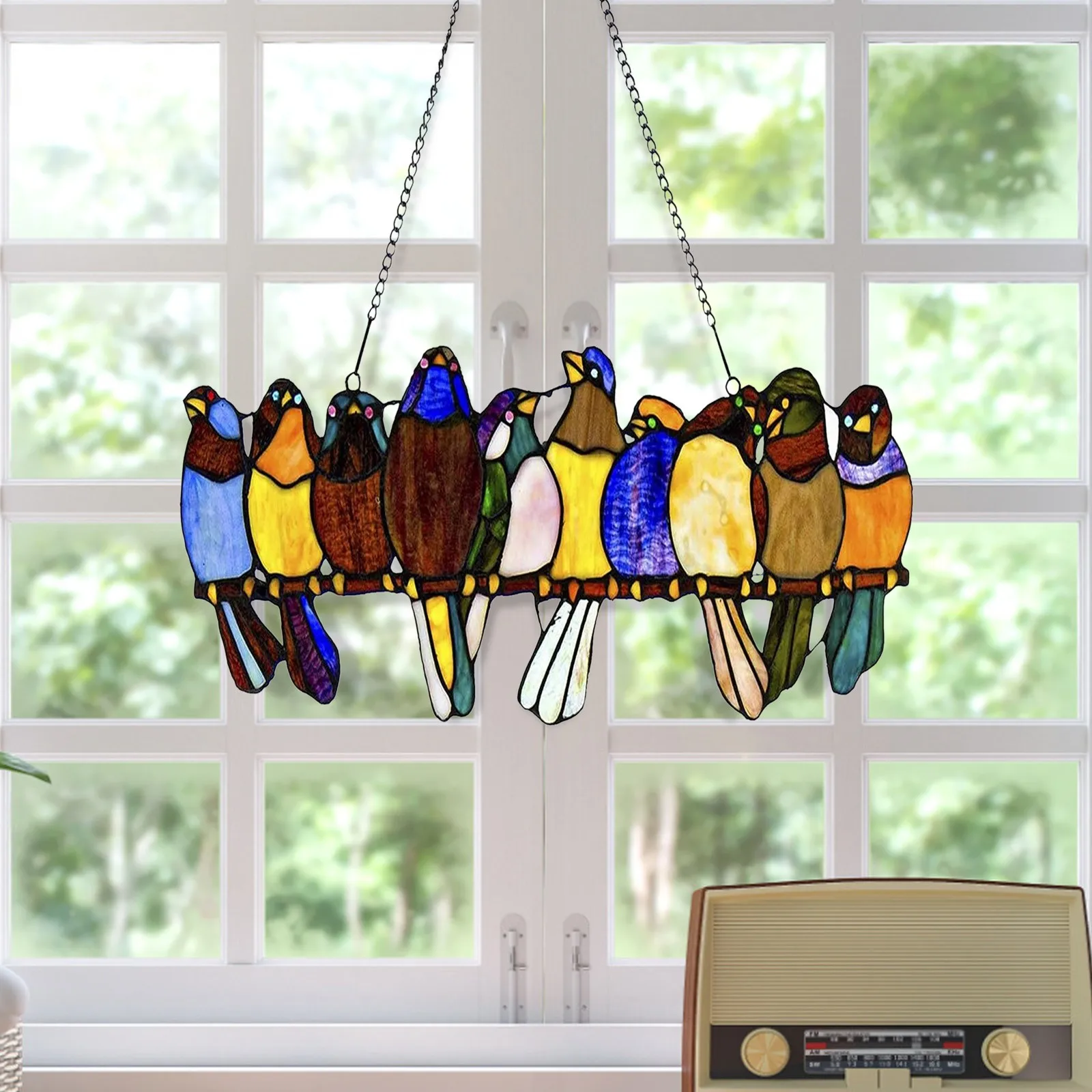 Stained Acrylic Birds on Wire Window Panel Hanging Sun Catcher Hardware Ornament 