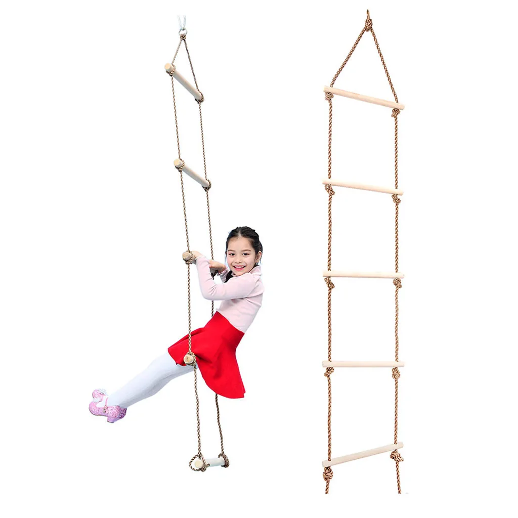 Kids Playhouse Wooden 5 Rungs Rope Climbing Ladder Playground Tree House Toy