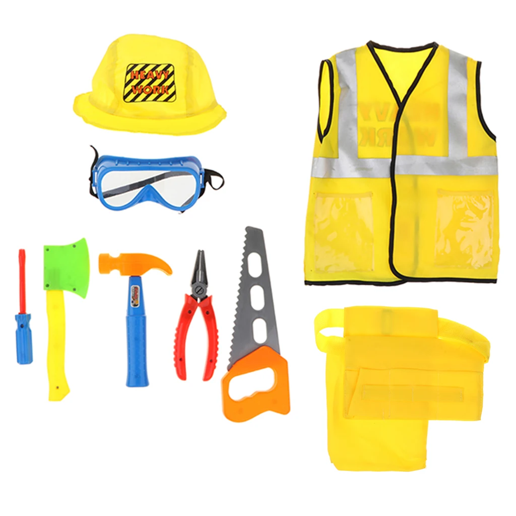 Kids Role Play Costume Set - 9Piece Construction Worker Kids, Builder Dress Up Kit with Hat, Tool Belt, Vest & Repair Tool Kit