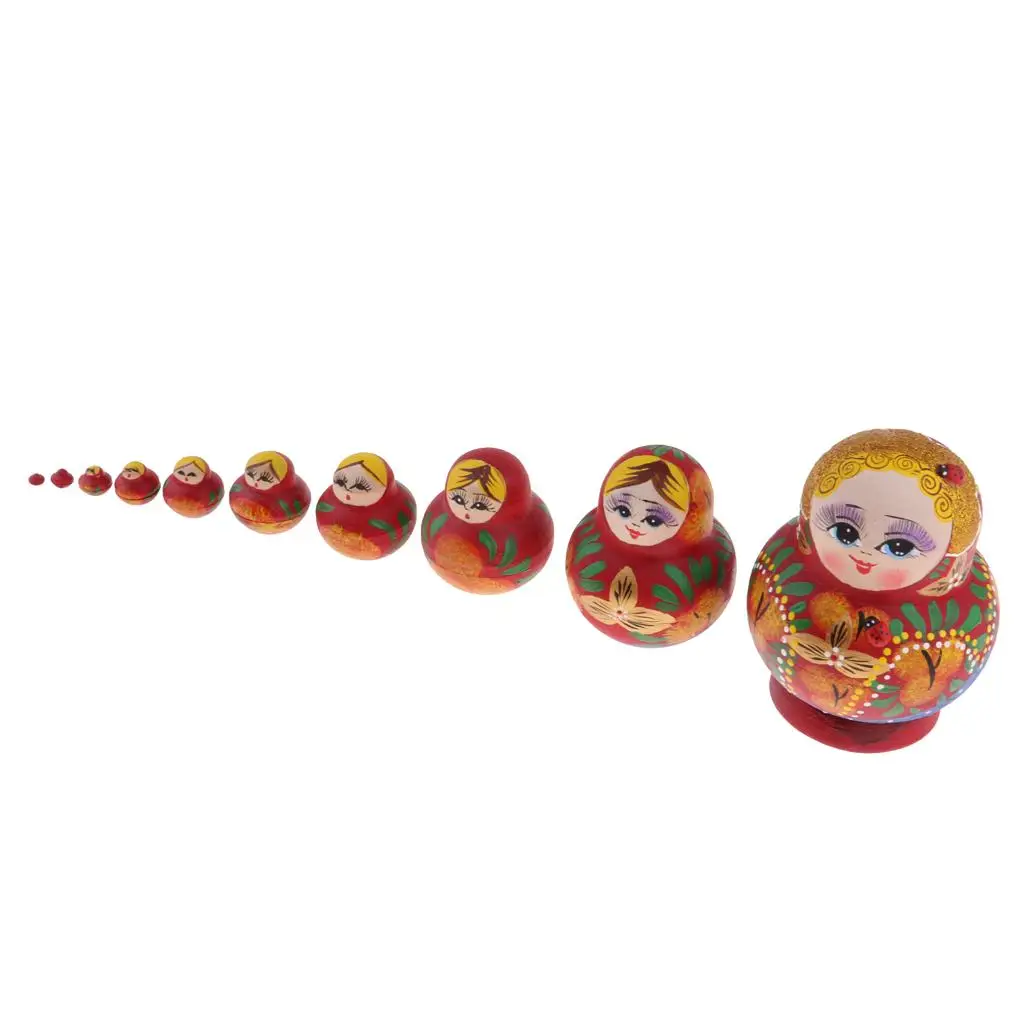 10 PCS Red Flowers Wooden Russian Nesting Dolls Babushka Matryoshka Gift Toy