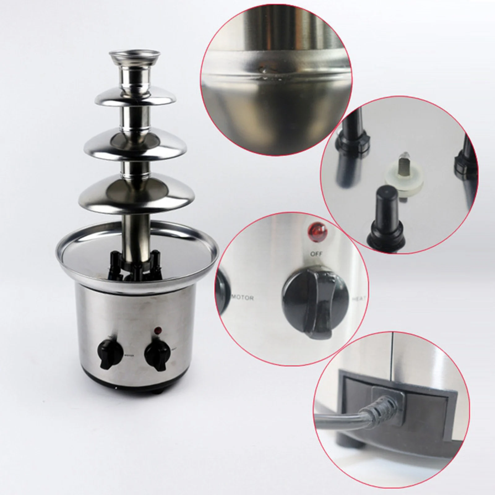 Stainless Steel 4 Tiers Chocolate Fondue Fountain for Cheese BBQ Sauce Ranch US Plug 110V