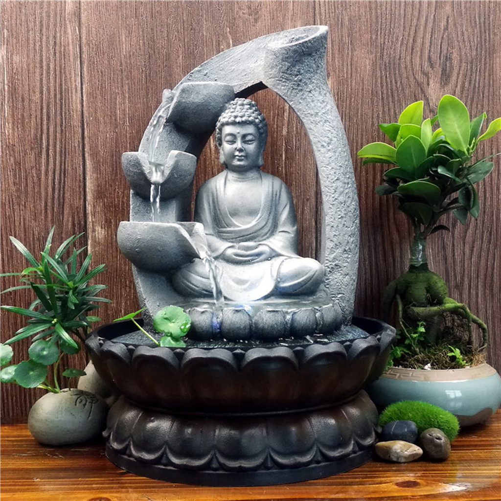 Indoor Waterfall Fountain Office Tabletop Relaxation Fountain View With LED Light Lucky Feng Shui Buddha Statue Figurines