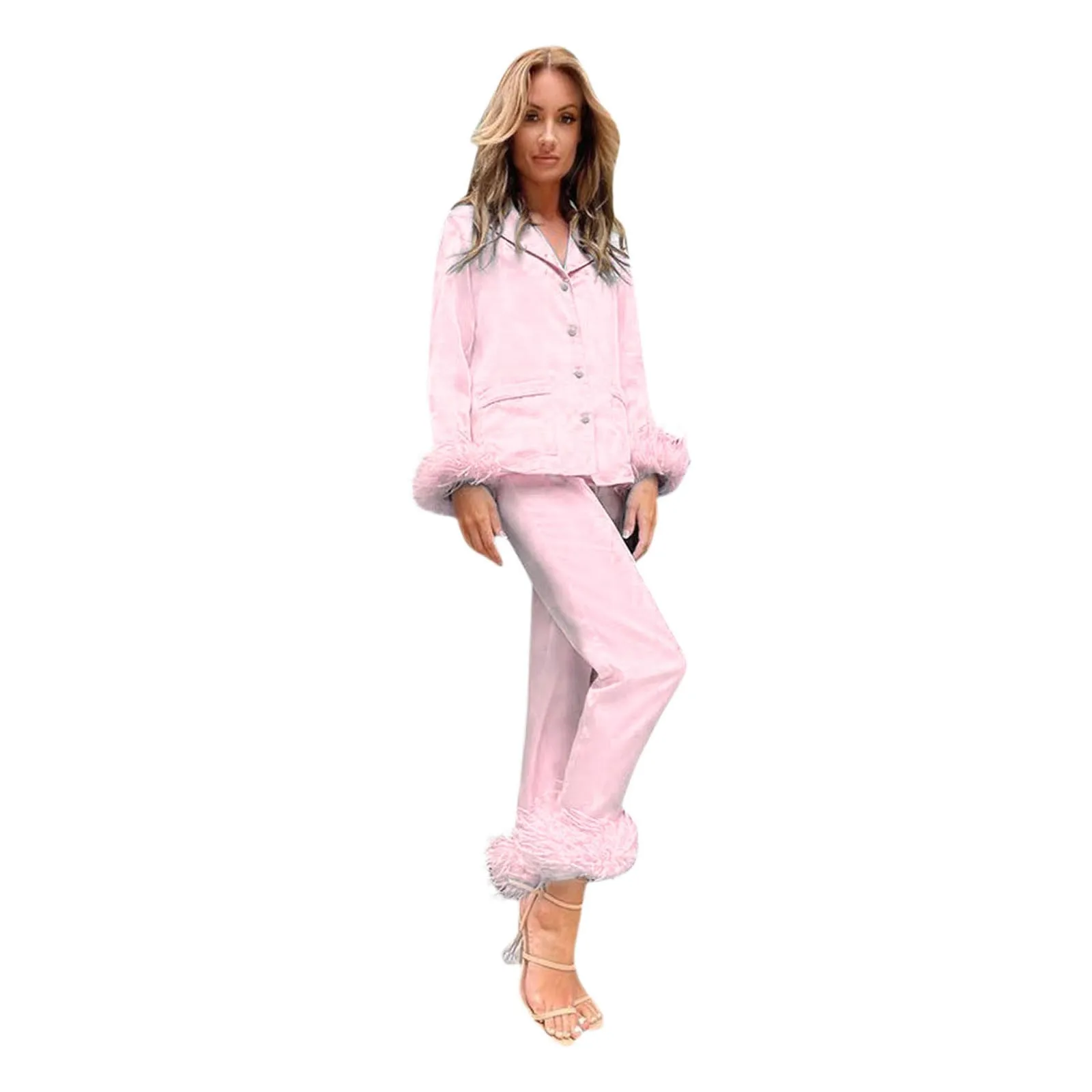 silk pj set Womens Pajamas For Sleep Ladies Solid Color Lapel Top And Feather Trousers 2PC Suit Sleepwear Set Pyjama Pour Femme wholesale L4 cotton pyjamas for ladies