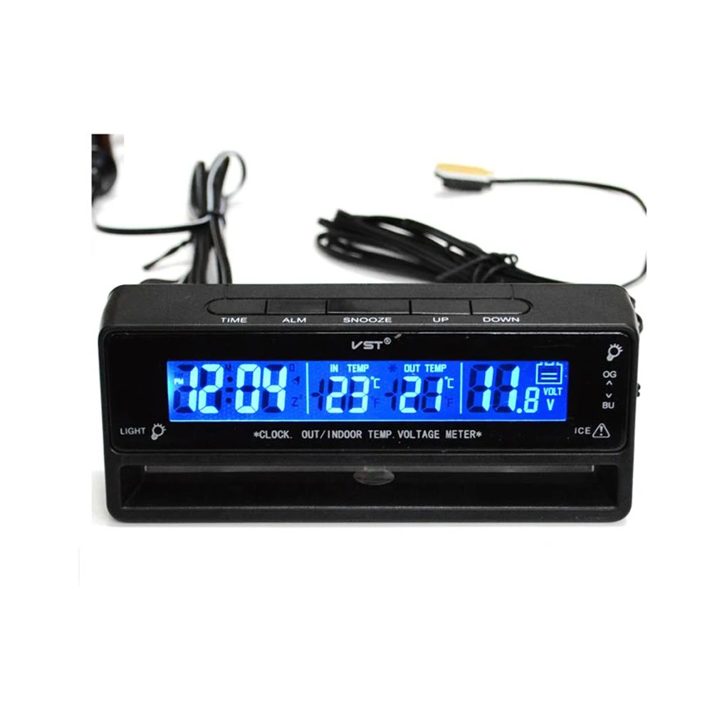 Car Auto LCD Backlight Digital Clock Thermometer Inside Outside Temperature Voltage Alarm 