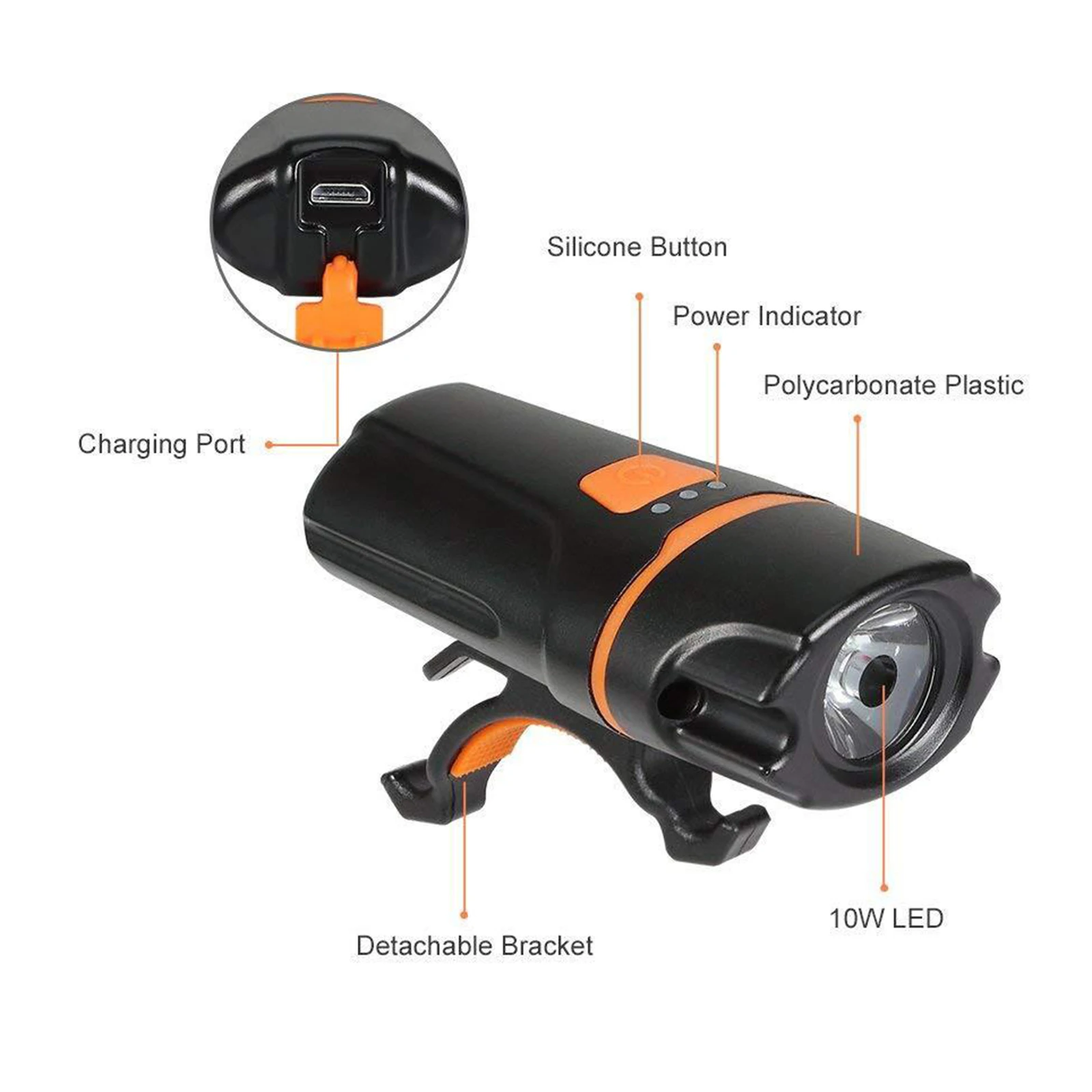 Bicycle Led Front Light Headlight Super Bright Waterproof, USB Rechargeable with 6 Modes