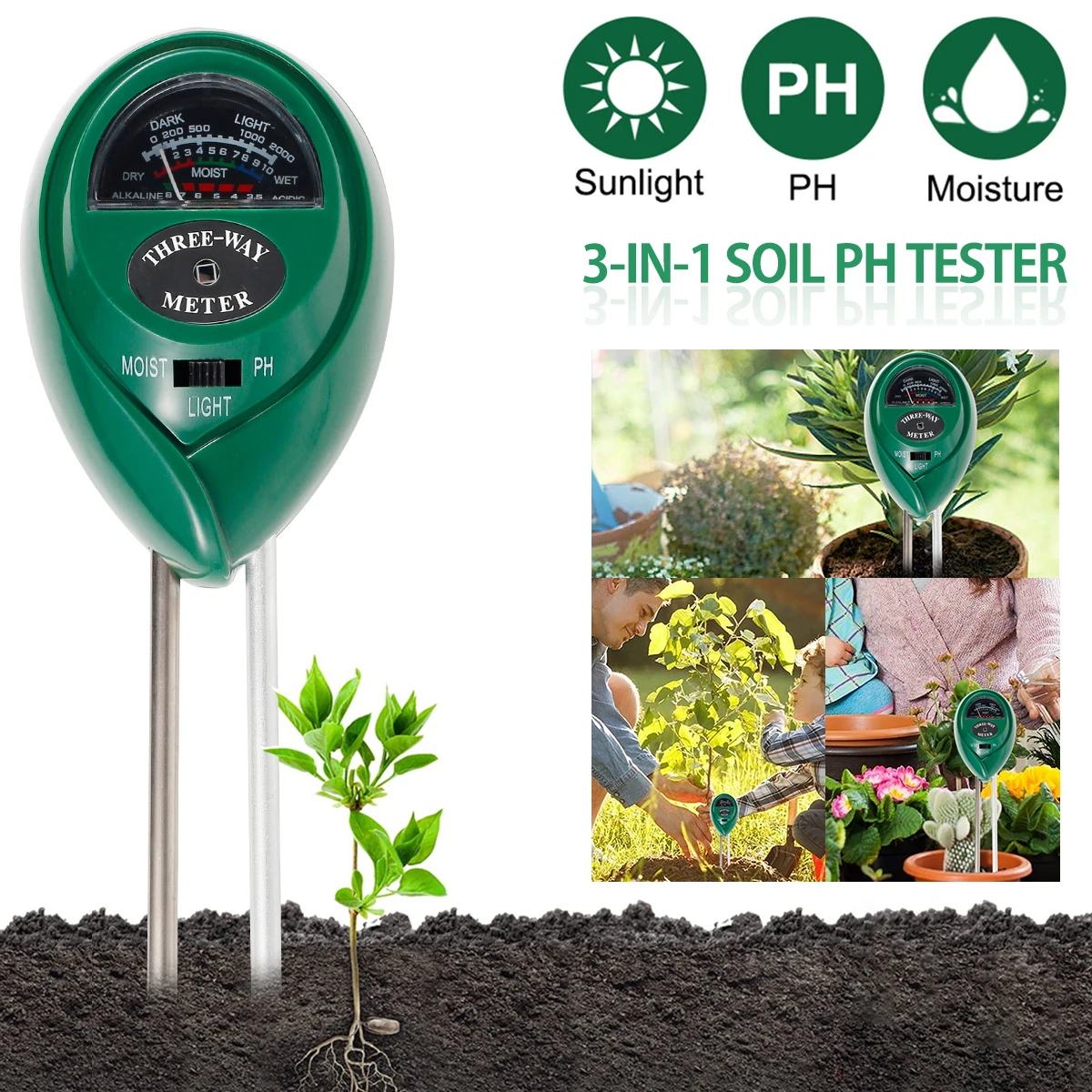 3 In 1 Soil Moisture Sunlight PH Value Tester For Garden Plant Lawn Meter Tool 