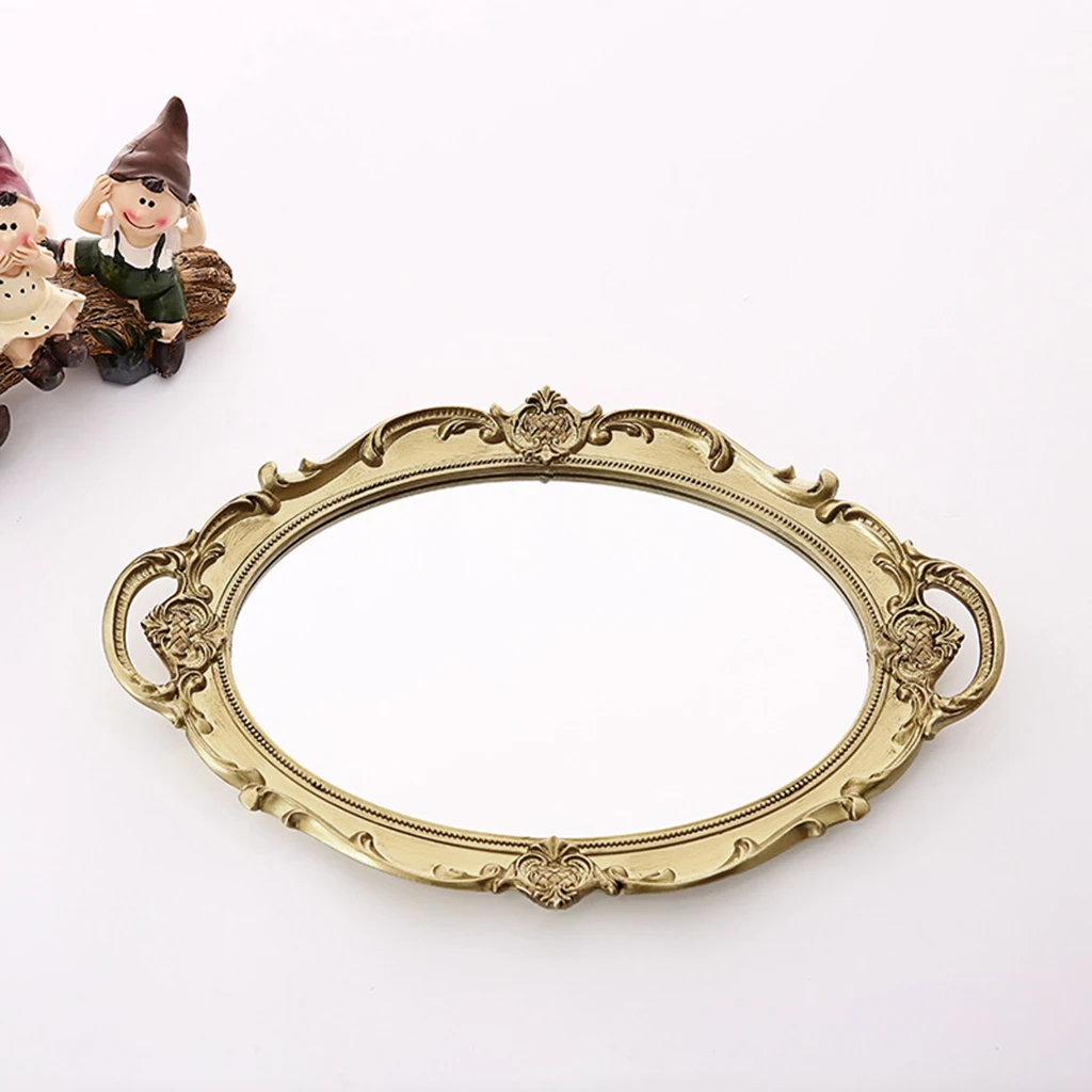 European Mirror Tray Cosmetic Perfume Storage Plates Perfume Retro Vanity Mirror Tray for Display Jewelry Dresser Mirror Decor