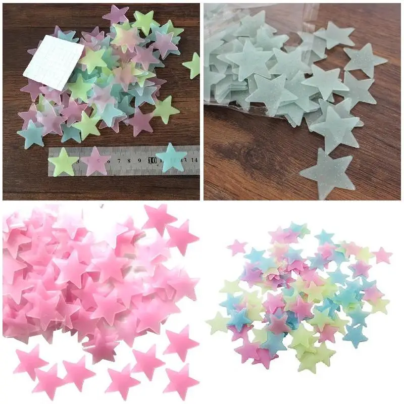 100 pieces of light-weight wall adhesives that glow in the dark, fluorescent color star decals for home decoration