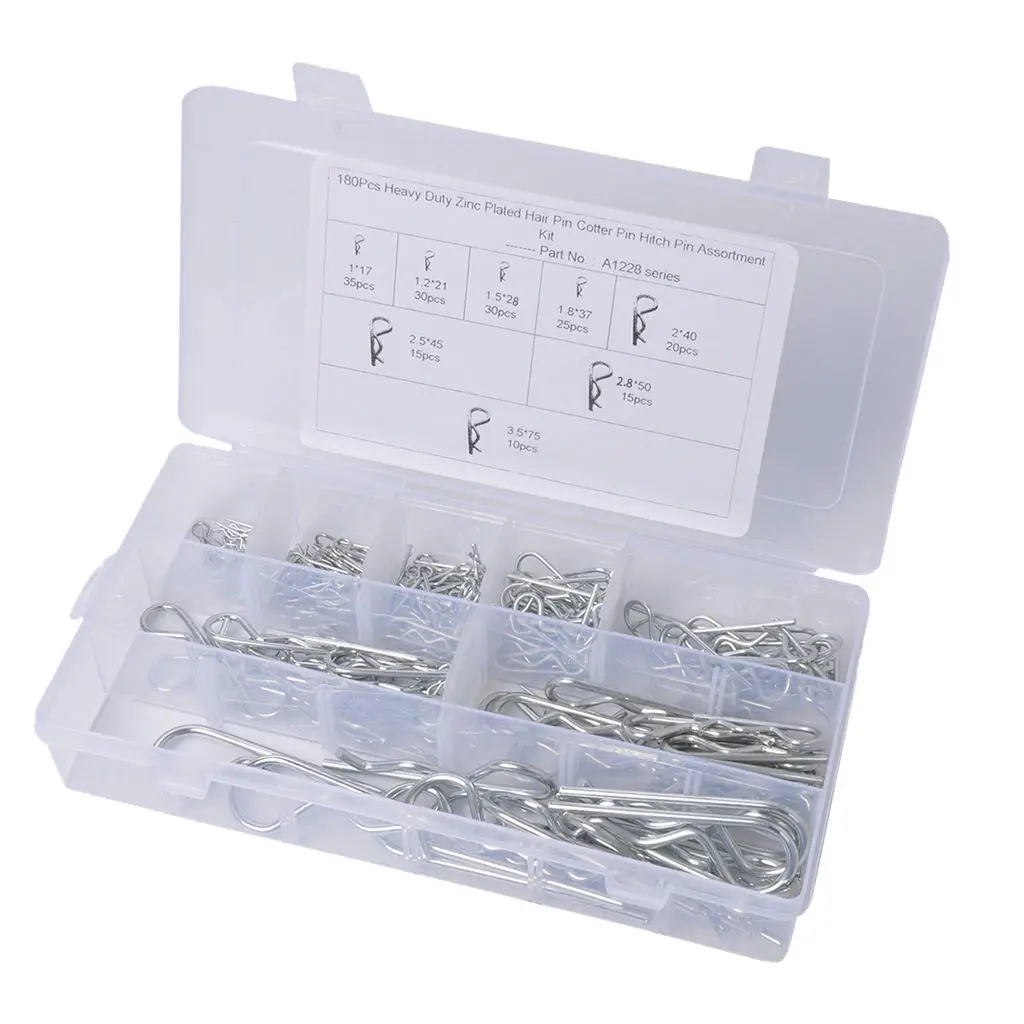 R Cotter Pin Tractor Pin Clip Assortment Fastener Set 8 Different Sizes with Plastic Box Set of 180pcs