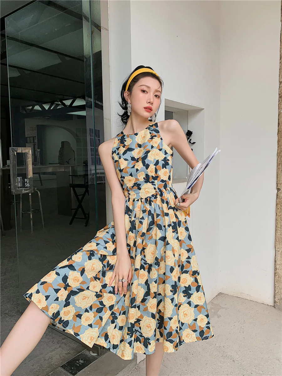 H096f3d3af5144d66ac120ca214d1eb637 - Summer Korean Sleeveless Cotton Linen Open Back Floral Print A-Line Midi Dress