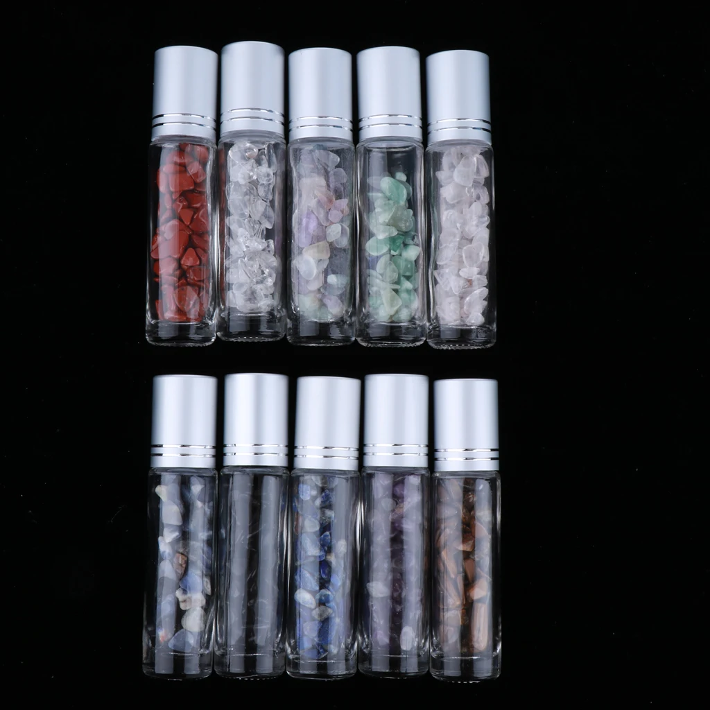 10 Pcs Clear Glass Essential Oil Gemstone Roller Balls Bottles with Stone Chips