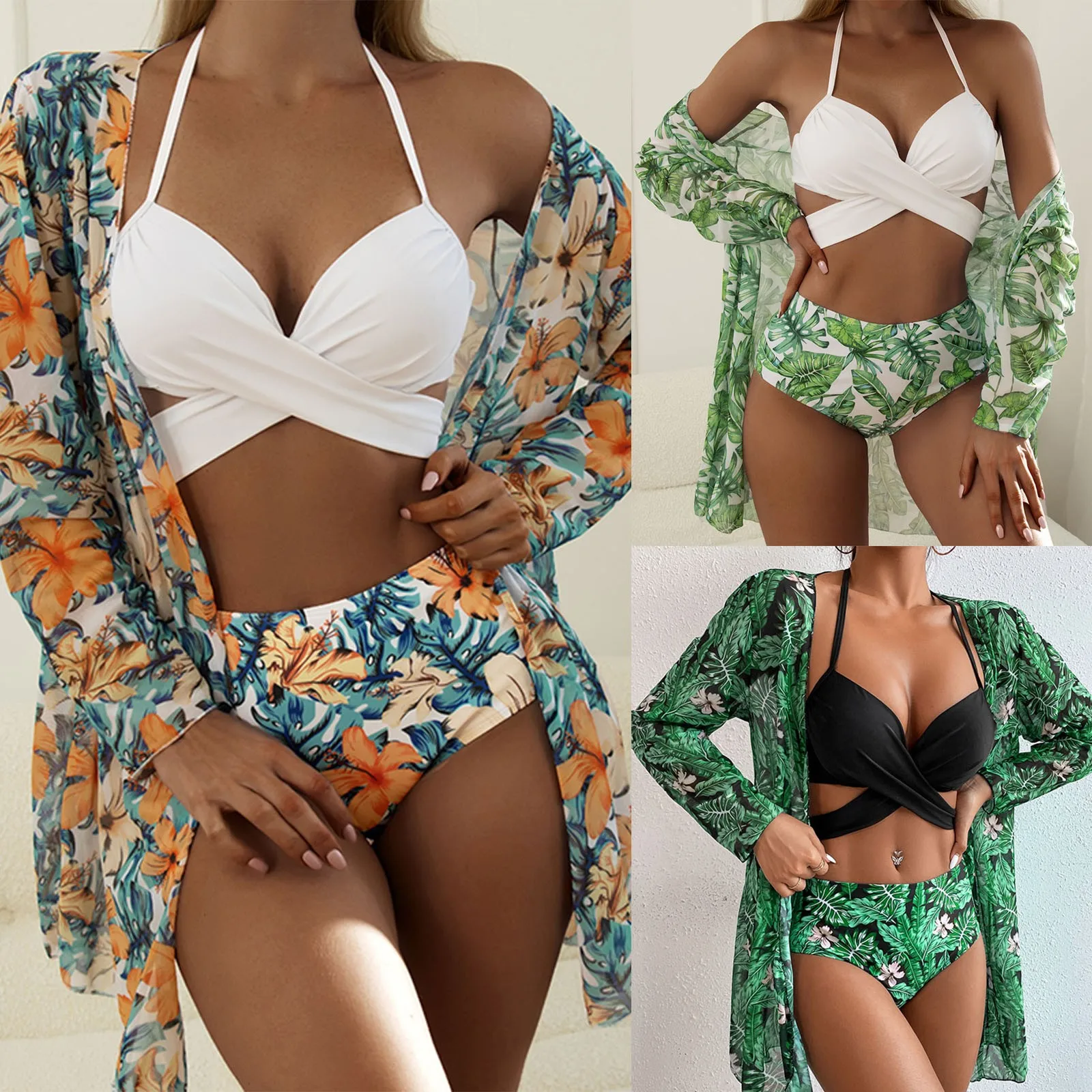 Bikini de tres piezas para mujer, traje baño estampado de manga larga, ropa de novedad de 2021 - AliExpress