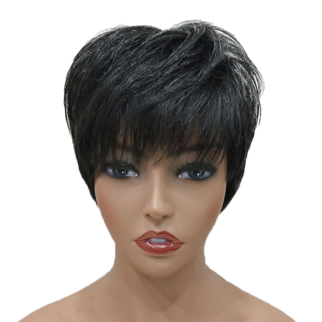 Women Human Hair Wig, Black Short Hairpieces Wavy Layered Hairstyle, 25cm/10