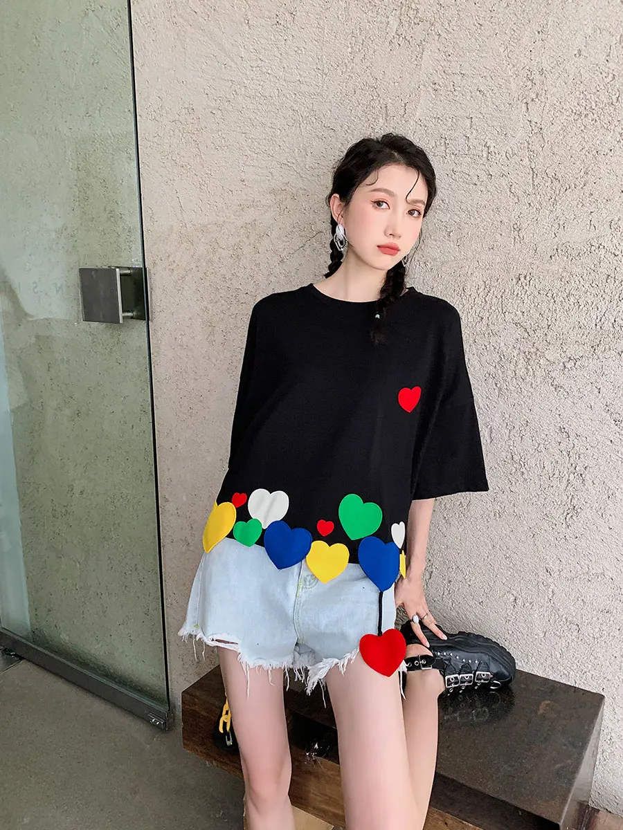 H09bbc9221b9d4348b196f4ed532455f7M - Summer Korean O-Neck Short Sleeves Colorful Heart Patch T-Shirt