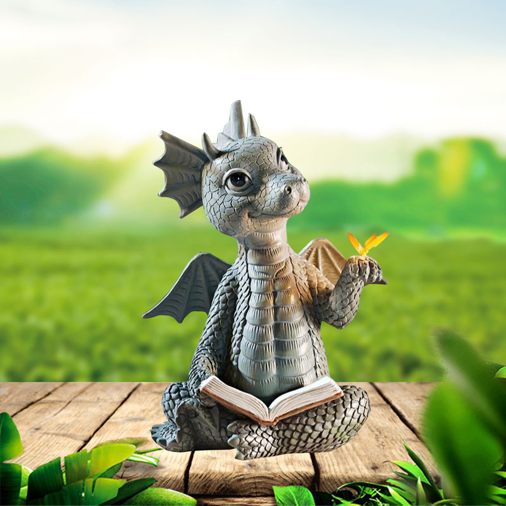 Read Book Dragon Statue Indoor Outdoor Dinosaur Garden Art Bookshelf Collectible Figurines Yoga Patio Sculpture Home Decor