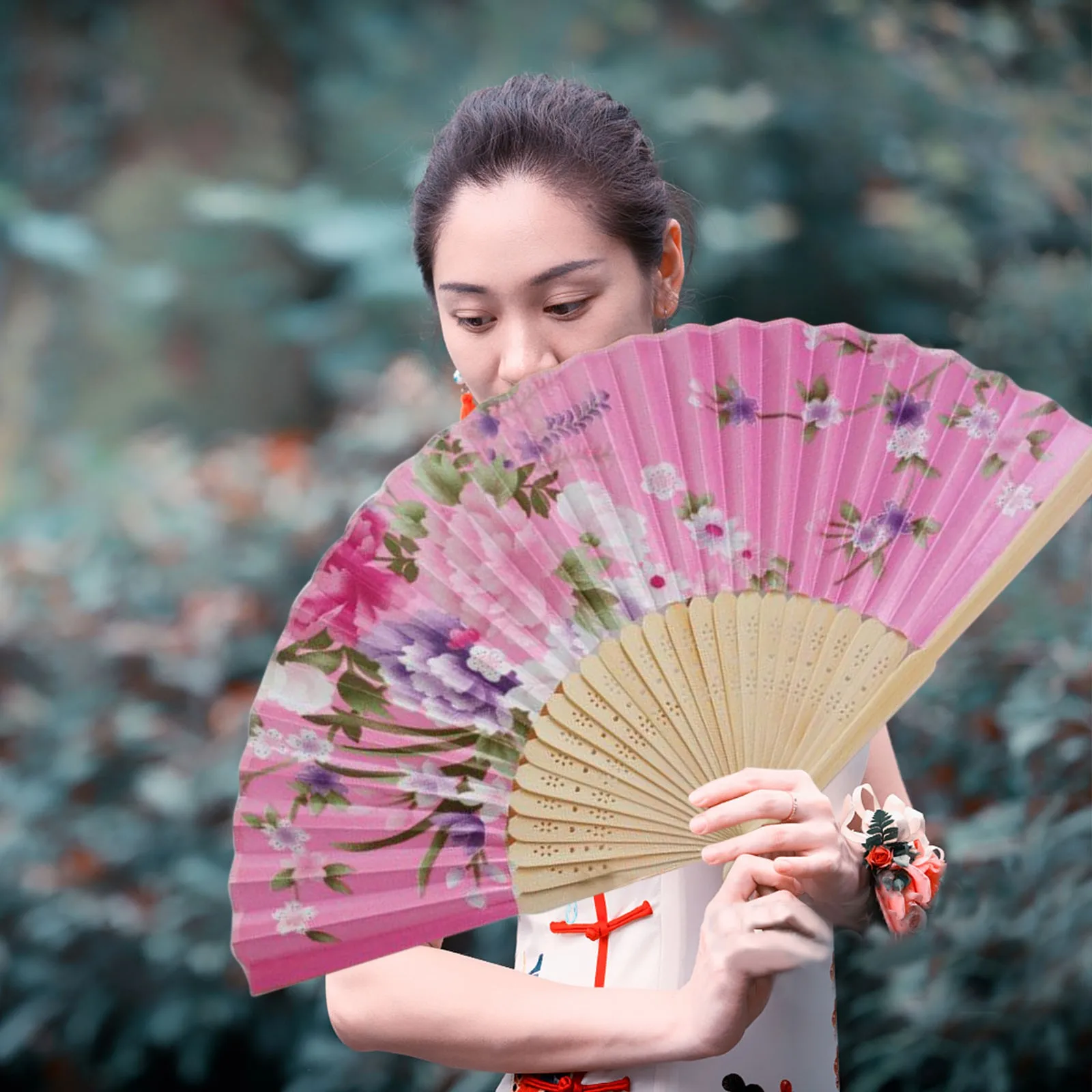 Chinese Hand Held Fan Bamboo Silk Butterfly & Flower Folding Fan Wedding Dec RHC 