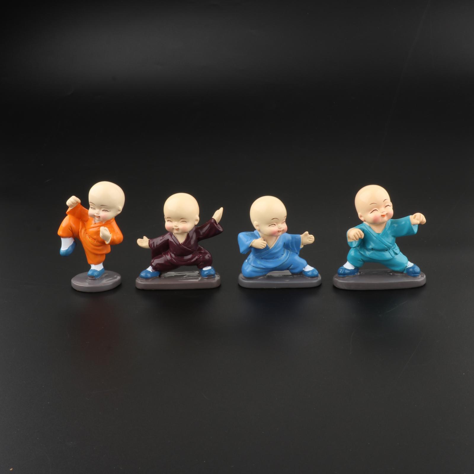 Pack of 4 Small Buddha Monk Statue Figurine Resin Kung Fu Shaolin Monk Statue Home Decor Ornaments