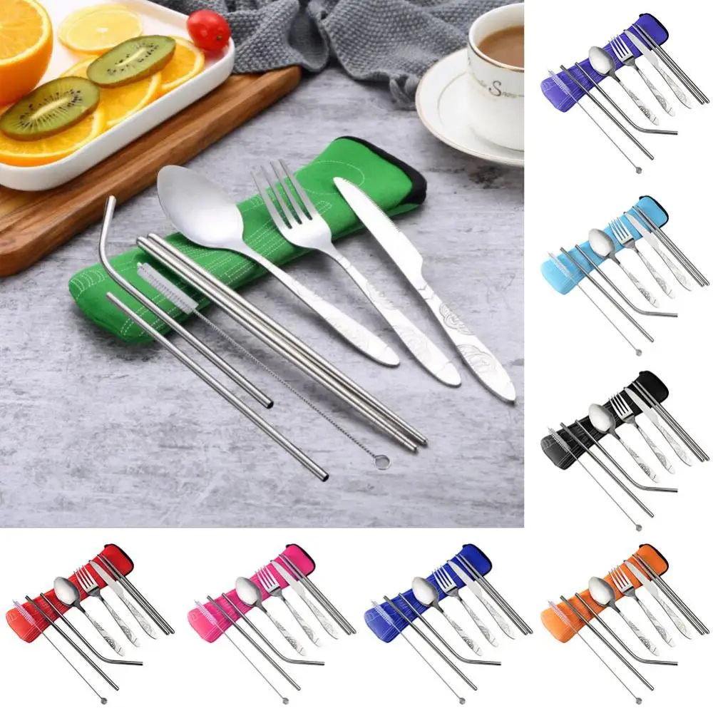 Portable 7Pcs/Set Outdoor Stainless Steel Spoon Fork Chopsticks Straws Cutlery. 