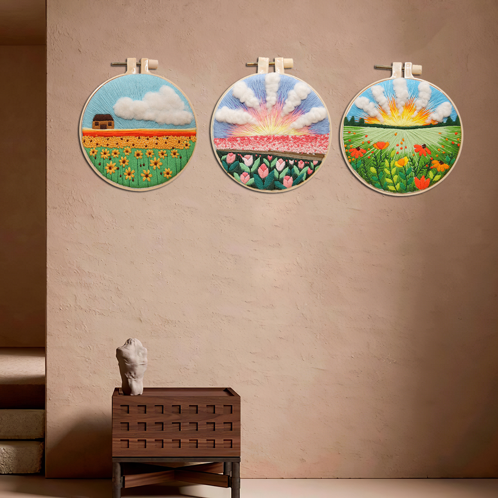 Stamped Cross Stitch Kit Home DIY Material Tools Embroidery Hoop Starter Art Handy Sewing Wall Decor Needlework for Kids Adults