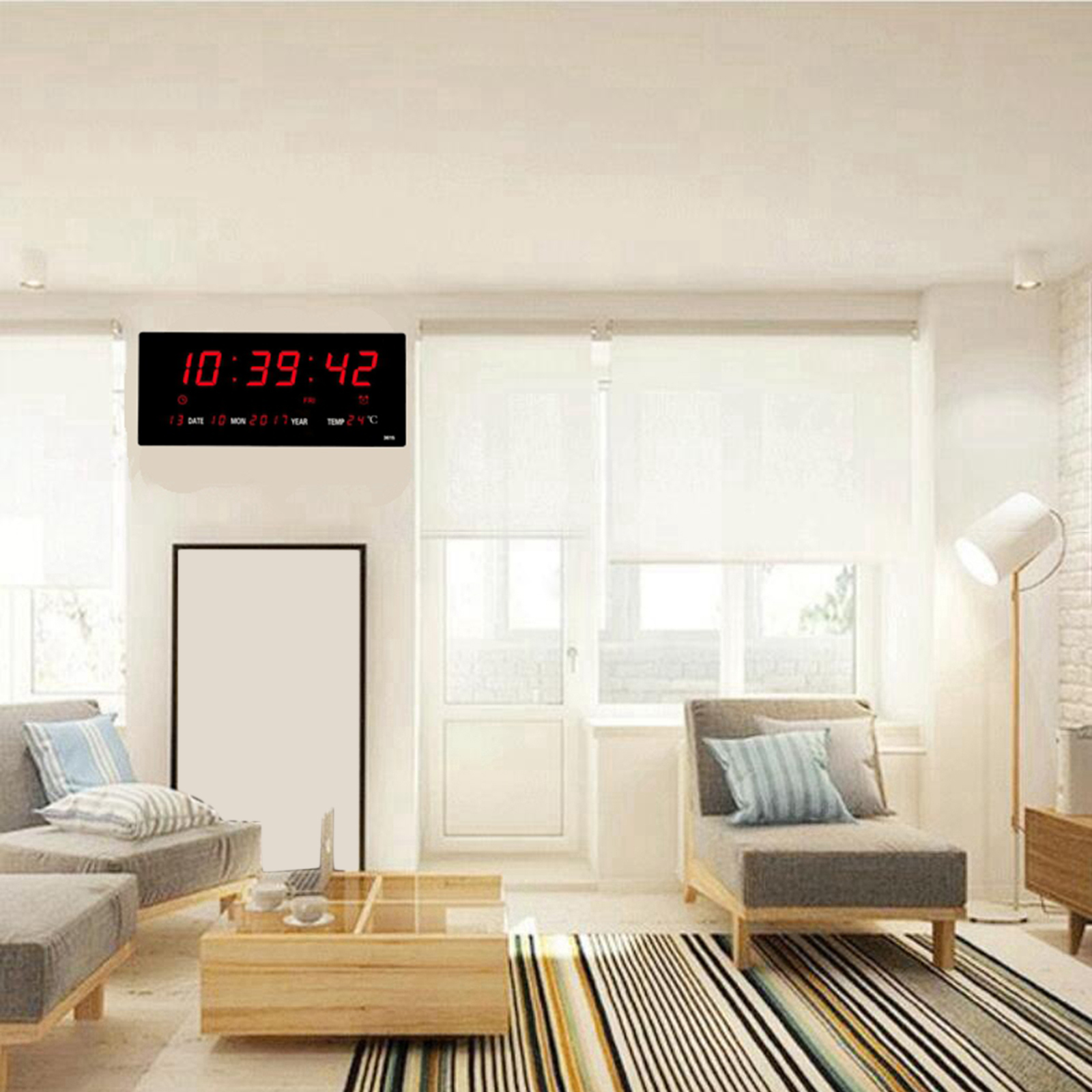 Extra Large LED Screen Alarm Clock 12H 24H Time Indoor Thermometer Projection Clocks, Year/Day/Month Displaying, USB