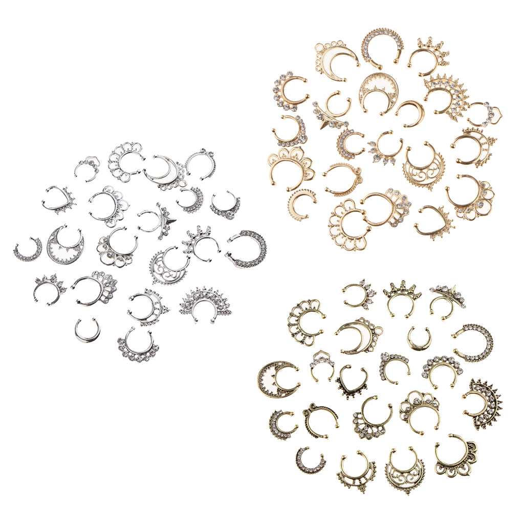 21pcs Nose Fake Septum Ring Clip On Body Jewelry Faux Hoop Ring Rhinestone
